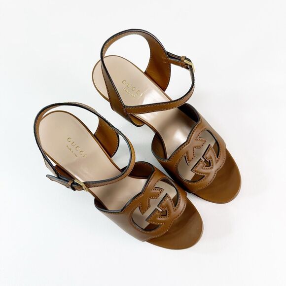 GUCCI Cosmos Softy Cutout Interlocking G Brown Platform Heel Size 40.5 Sandal - Picture 4 of 15